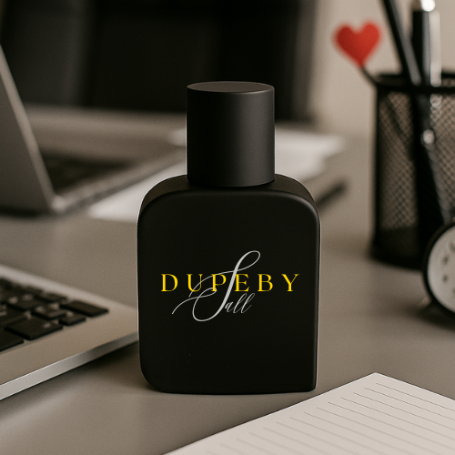 Sleek black perfume bottle with silver details on a dark reflective surface with soft lighting