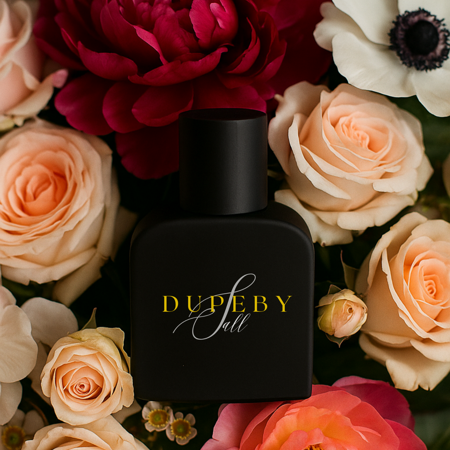 Elegant perfume bottle with a soft flower background, showcasing luxury and refinement