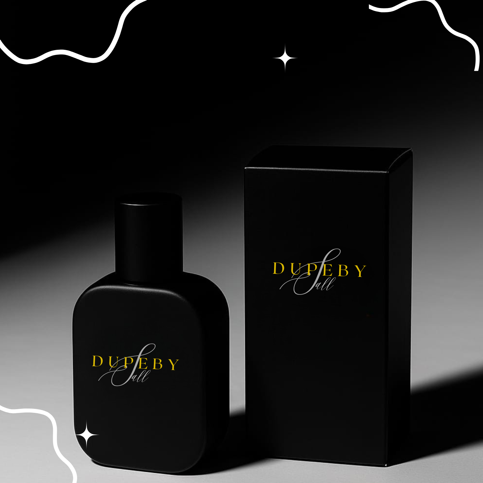 Black perfume bottle with gold label standing on a reflective surface with soft lighting