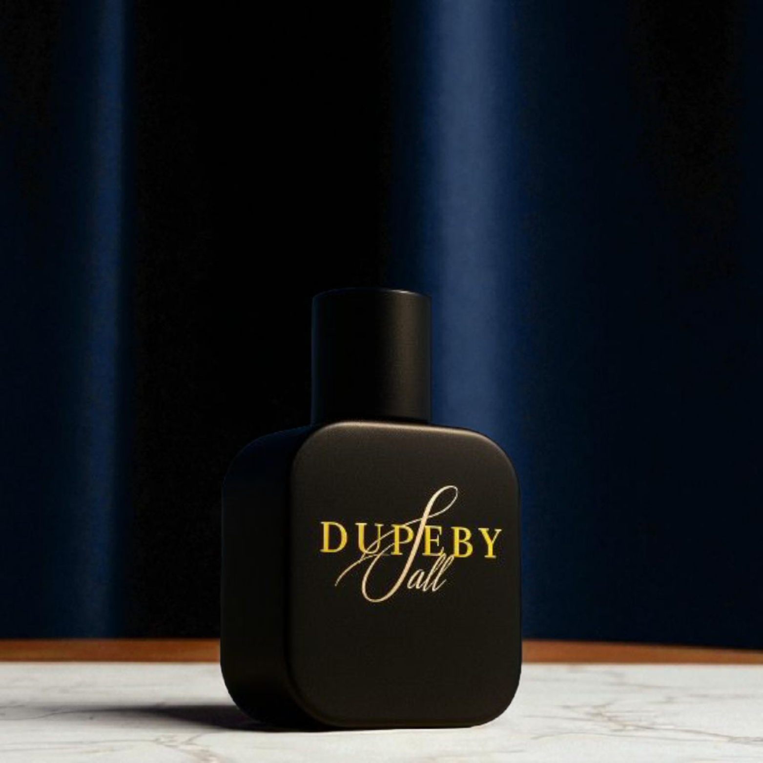 Matte black perfume bottle with gold cap on a dark textured background with golden light accents