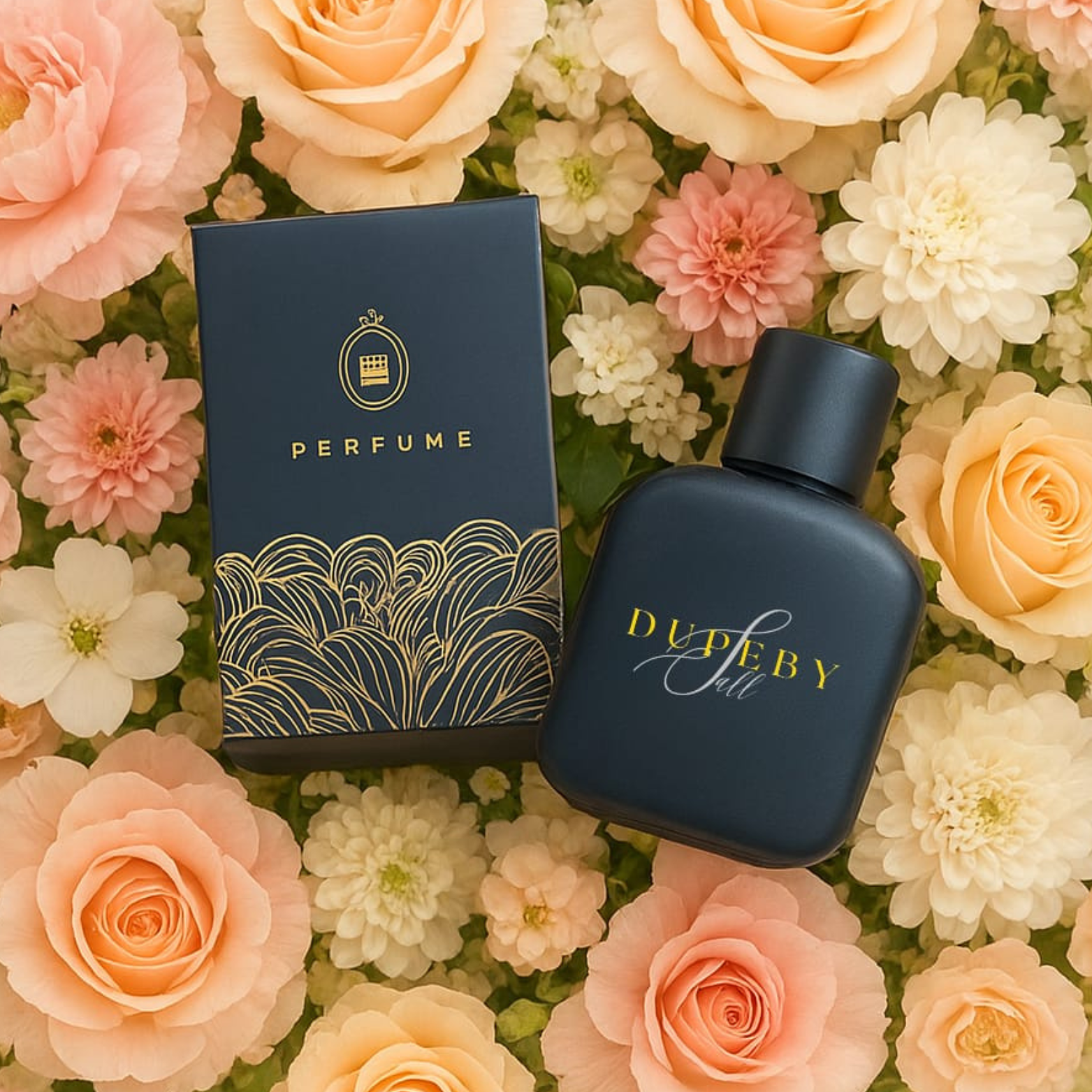 Clear perfume bottle with floral design on a white marble surface with soft natural light