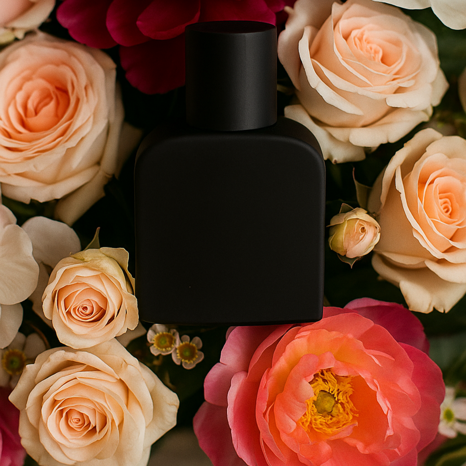 Black perfume bottle surrounded by delicate flowers on an elegant dark background, symbolizing luxury and sophistication